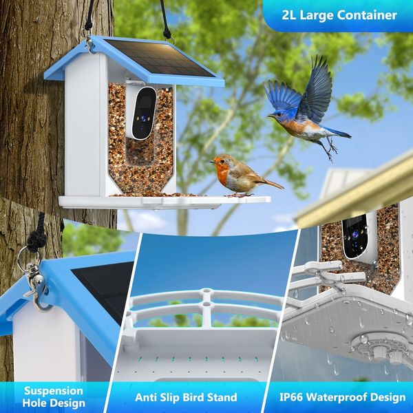 Bird Feeder with Camera Solar Powered,Outdoor Smart Bird Feeder,4 MP HD Auto Capture Bird Videos,Real Time Views and Notifications,Ideal Gift for Bird Lovers (Blue)