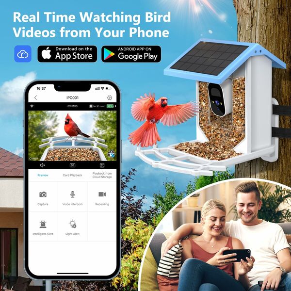 Bird Feeder with Camera Solar Powered,Outdoor Smart Bird Feeder,4 MP HD Auto Capture Bird Videos,Real Time Views and Notifications,Ideal Gift for Bird Lovers (Blue)