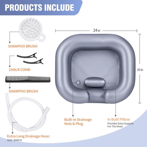 Inflatable Shampoo Basin - Portable Shampoo Bowl,Hair Washing Basin for Bedridden,Disabled,Hair Wash Tub for Dreadlocks and at Home Sink Washing (Silver)