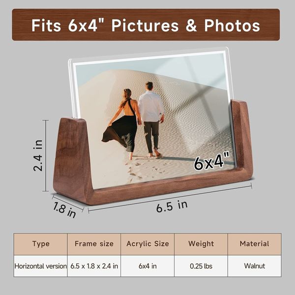 4x6 Inch Picture Frames, Solid Rustic Wooden Photo Frames with Walnut Wood Base and High Definition Acrylic Glass Covers ( Horizontal)