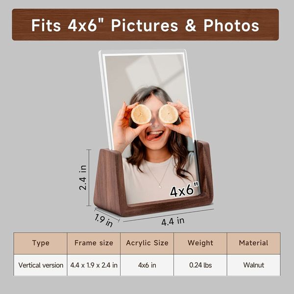 4x6 Inch Picture Frames, Solid Rustic Wooden Photo Frames with Walnut Wood Base and High Definition Acrylic Glass Covers, Vertical