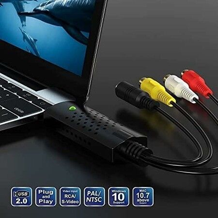 USB Video Capture Card Device, Audio Video Converter Grabber for RCA to USB-Convert VHS Mini DV VCR Hi8 DVD to Digital