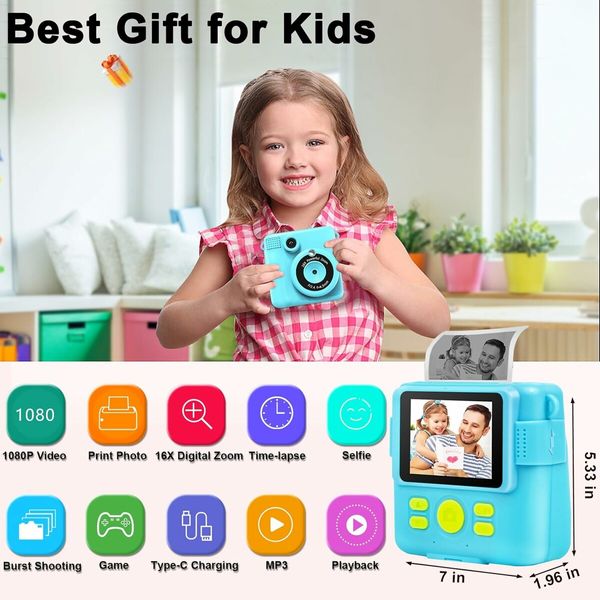 Instant Print Camera 1080P HD Ink Instant Photo - Christmas Birthday Gifts for Girls Boys Age 3-8 - Portable Kids Toy