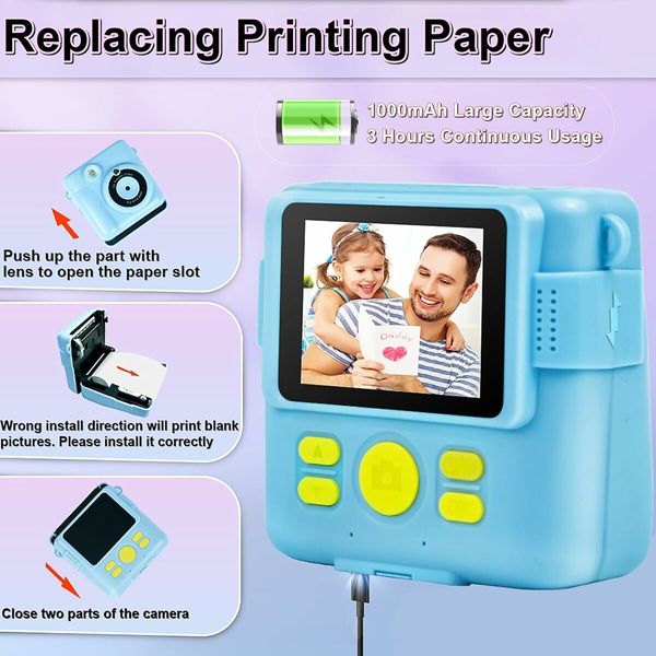 Instant Print Camera 1080P HD Ink Instant Photo - Christmas Birthday Gifts for Girls Boys Age 3-8 - Portable Kids Toy