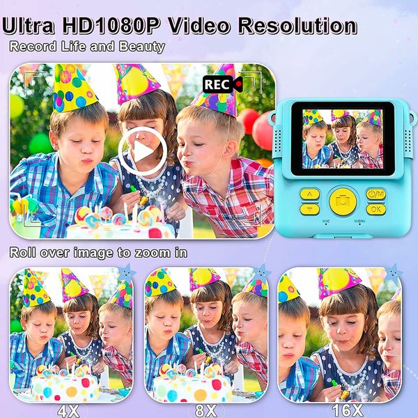 Instant Print Camera 1080P HD Ink Instant Photo - Christmas Birthday Gifts for Girls Boys Age 3-8 - Portable Kids Toy