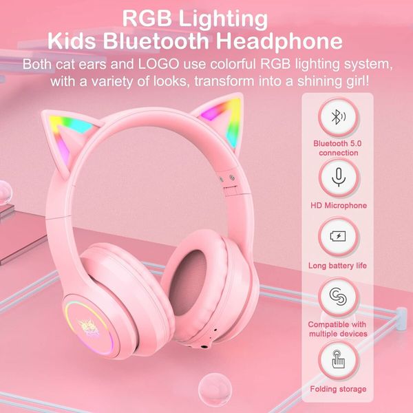 Kids Cat Ears Bluetooth Headphones, Wireless & Wired Mode, Foldable Headphones with Mic, RGB LED Light, for Girls, Compatible with Phones,Pink