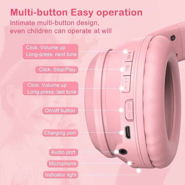 Kids Cat Ears Bluetooth Headphones, Wireless & Wired Mode, Foldable Headphones with Mic, RGB LED Light, for Girls, Compatible with Phones,Pink