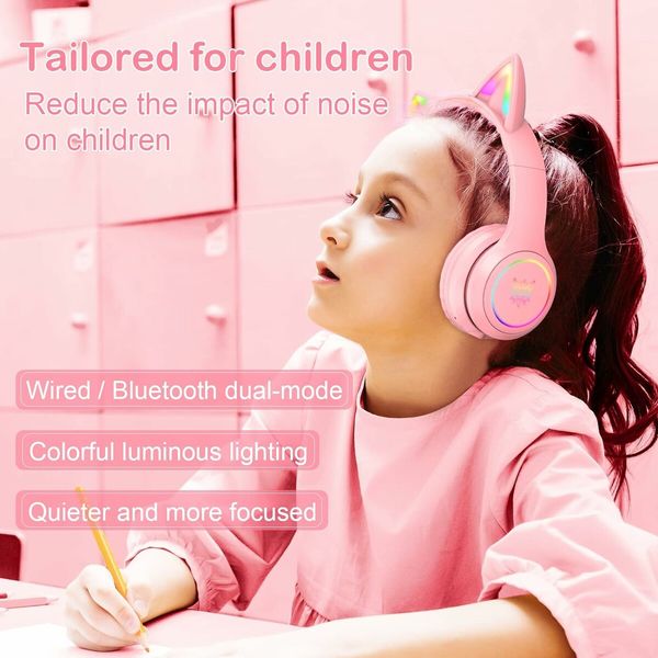 Kids Cat Ears Bluetooth Headphones, Wireless & Wired Mode, Foldable Headphones with Mic, RGB LED Light, for Girls, Compatible with Phones,Pink