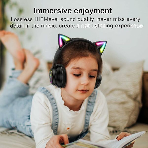 Kids Cat Ears Bluetooth Headphones, Wireless & Wired Mode, Foldable Headphones with Mic, RGB LED Light, for Girls, Compatible with Phones,Black