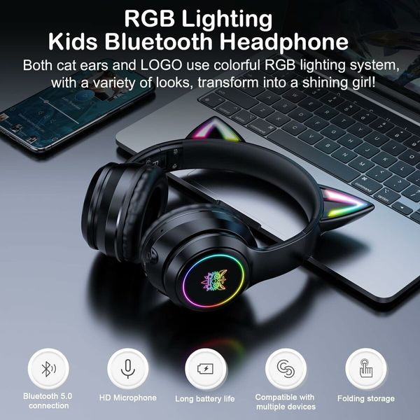 Kids Cat Ears Bluetooth Headphones, Wireless & Wired Mode, Foldable Headphones with Mic, RGB LED Light, for Girls, Compatible with Phones,Black