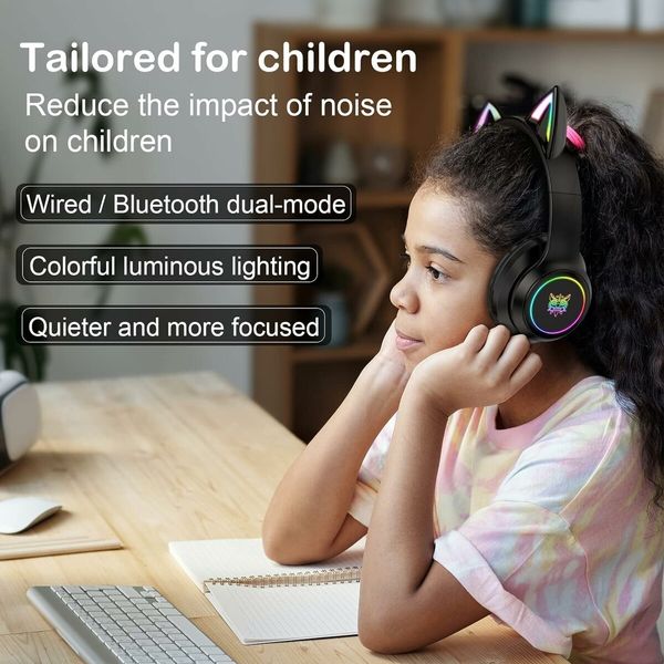 Kids Cat Ears Bluetooth Headphones, Wireless & Wired Mode, Foldable Headphones with Mic, RGB LED Light, for Girls, Compatible with Phones,Black