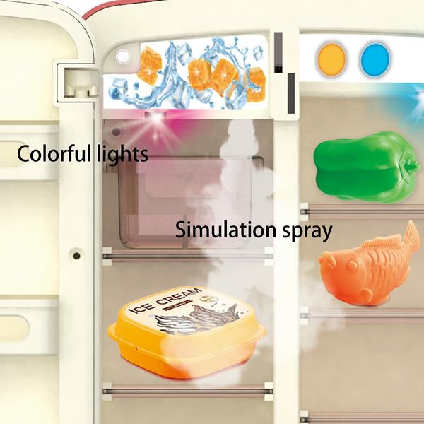 Mini Refrigerator with Ice Dispenser and Freezer Air, Music Play Buttons and Colorful LED Lights. Comes with a Lot of Play Food, 39 Piece Set Green