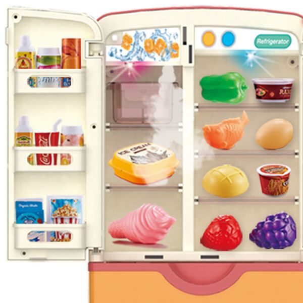 Mini Refrigerator with Ice Dispenser and Freezer Air, Music Play Buttons and Colorful LED Lights. Comes with a Lot of Play Food, 39 Piece Set Pink