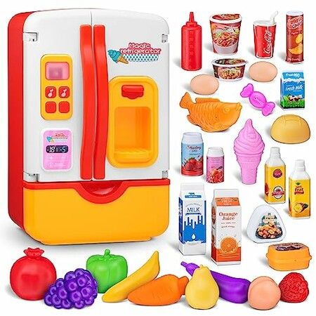 Mini Refrigerator with Ice Dispenser and Freezer Air, Music Play Buttons and Colorful LED Lights. Comes with a Lot of Play Food, 39 Piece Set Pink