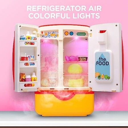 Mini Refrigerator with Ice Dispenser and Freezer Air, Music Play Buttons and Colorful LED Lights. Comes with a Lot of Play Food, 39 Piece Set Pink