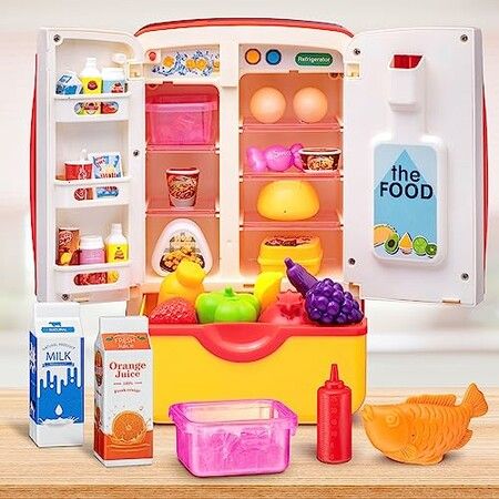 Mini Refrigerator with Ice Dispenser and Freezer Air, Music Play Buttons and Colorful LED Lights. Comes with a Lot of Play Food, 39 Piece Set Pink