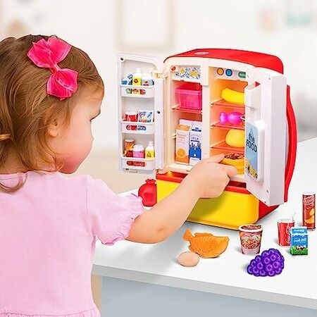 Mini Refrigerator with Ice Dispenser and Freezer Air, Music Play Buttons and Colorful LED Lights. Comes with a Lot of Play Food, 39 Piece Set Pink