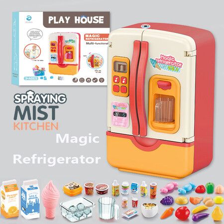 Mini Refrigerator with Ice Dispenser and Freezer Air, Music Play Buttons and Colorful LED Lights. Comes with a Lot of Play Food, 39 Piece Set Pink