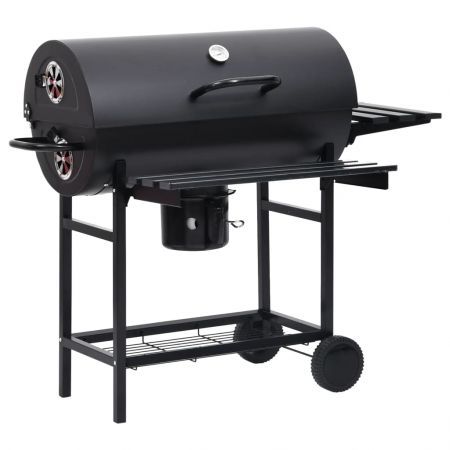 Barrel Grill with Wheels and Shelves Black Steel 115x85x95 cm