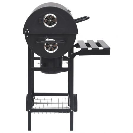 Barrel Grill with Wheels and Shelves Black Steel 115x85x95 cm