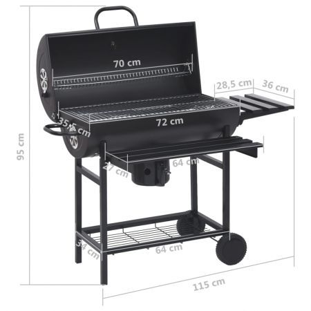 Barrel Grill with Wheels and Shelves Black Steel 115x85x95 cm