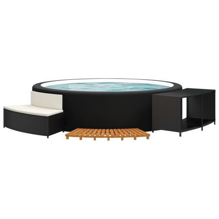 Hot Tub Surround Black Poly Rattan and Solid Wood Acacia