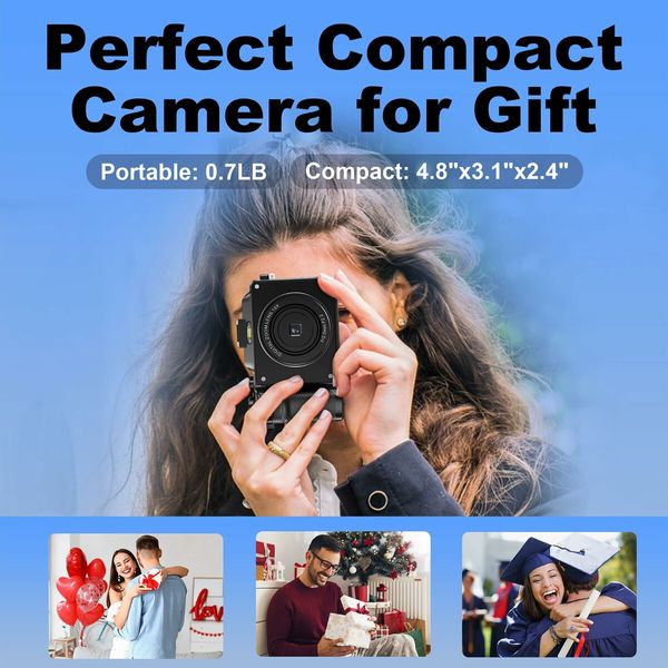 4K Digital Camera for Photography with Anti-Shake 56MP Compact Video Camera Travel Autofocus WiFi Vlogging Camera with 64GB TF Card