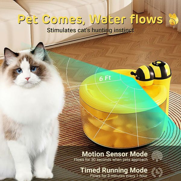 Honeybee Wireless Cat Water Fountain, USB Recharegeable Water Fountain Battery Operated 2.2L