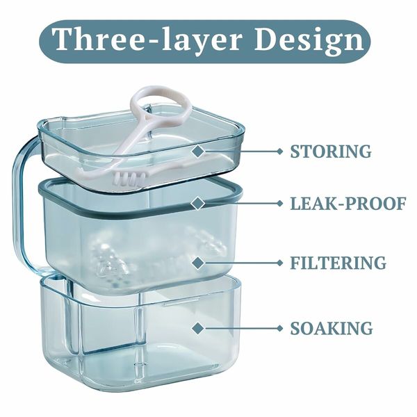 Retainer clean Case, Orthodontic Denture Bath Box with Strainer Basket, Denture Holder Storage Soak Container for Traveling (Blue)