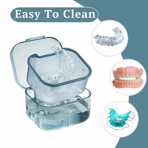 Retainer clean Case, Orthodontic Denture Bath Box with Strainer Basket, Denture Holder Storage Soak Container for Traveling (Blue)