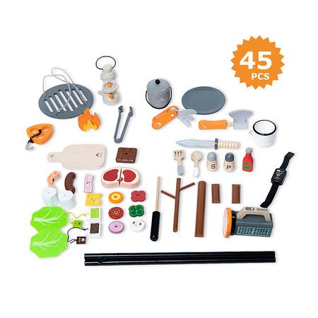 Wooden Camp Toys Set for Kids, 45 Pieces Camping Equipment and Bonfire Grill with Storage Bag and Play Food