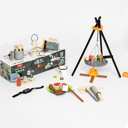 Wooden Camp Toys Set for Kids, 45 Pieces Camping Equipment and Bonfire Grill with Storage Bag and Play Food