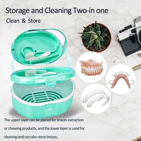 Retainer Denture Bath Case Cup Box Holder Storage Soak Container With mirror Orthodontics Mouth Guard Braces（green）