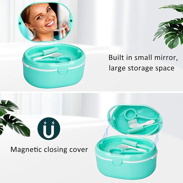 Retainer Denture Bath Case Cup Box Holder Storage Soak Container With mirror Orthodontics Mouth Guard Braces（green）