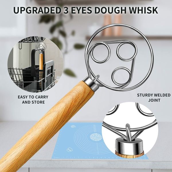 Danish Dough Whisk Stainless Steel Dough Whisk Dutch Style Bread Dough Hand Mixer Wooden Handle Kitchen Baking Tools Bread Making Tools and Supplies