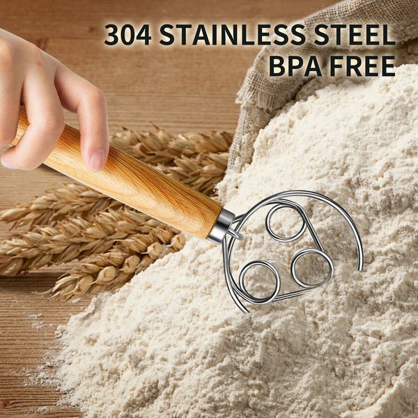 Danish Dough Whisk Stainless Steel Dough Whisk Dutch Style Bread Dough Hand Mixer Wooden Handle Kitchen Baking Tools Bread Making Tools and Supplies