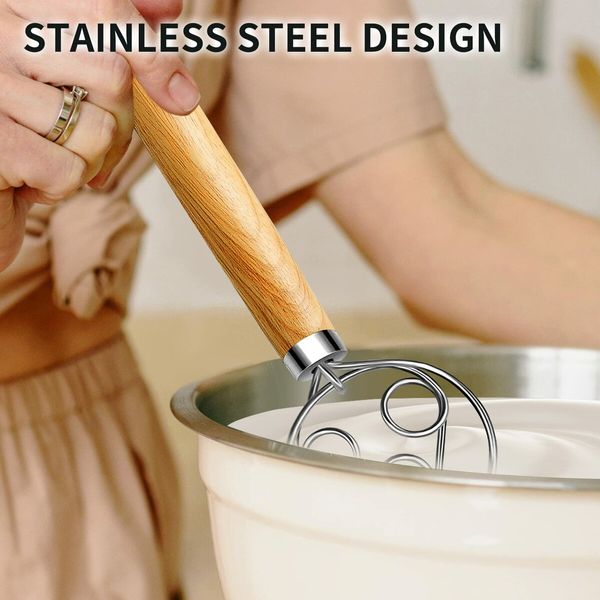 Danish Dough Whisk Stainless Steel Dough Whisk Dutch Style Bread Dough Hand Mixer Wooden Handle Kitchen Baking Tools Bread Making Tools and Supplies