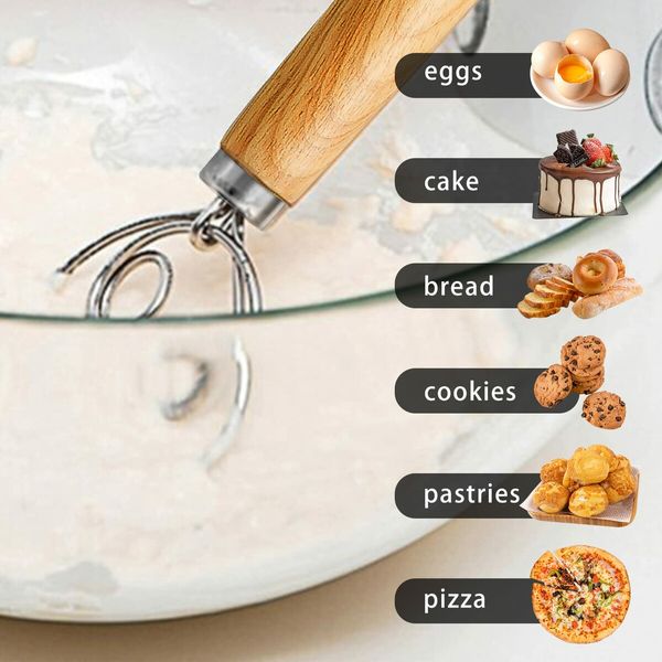 Danish Dough Whisk Stainless Steel Dough Whisk Dutch Style Bread Dough Hand Mixer Wooden Handle Kitchen Baking Tools Bread Making Tools and Supplies