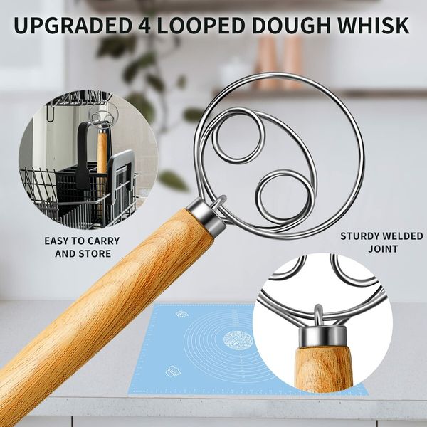 Danish Dough Whisk Stainless Steel Dough Whisk Dutch Style Bread Dough Hand Mixer Wooden Handle Kitchen Baking Tools Bread Making Tools and Supplies