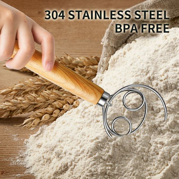 Danish Dough Whisk Stainless Steel Dough Whisk Dutch Style Bread Dough Hand Mixer Wooden Handle Kitchen Baking Tools Bread Making Tools and Supplies