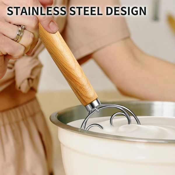 Danish Dough Whisk Stainless Steel Dough Whisk Dutch Style Bread Dough Hand Mixer Wooden Handle Kitchen Baking Tools Bread Making Tools and Supplies