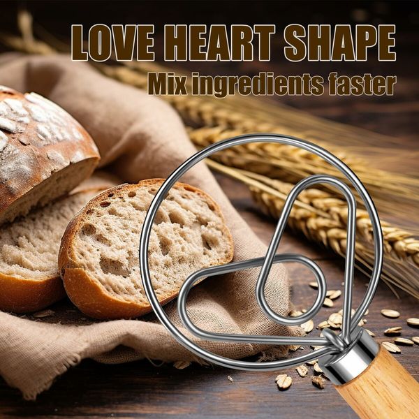 Danish Dough Whisk - Stainless Steel Bread Mixer With Wood Handle For Sourdough, Pizza Dough