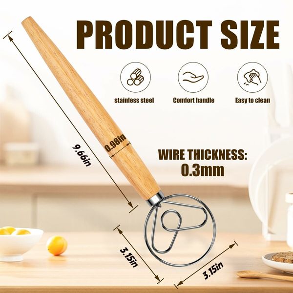 Danish Dough Whisk Stainless Steel Dutch Hook Mixer Wooden Handle for Sourdough Bread Making Tools and Supplies,Whisking Tool 13 Inch