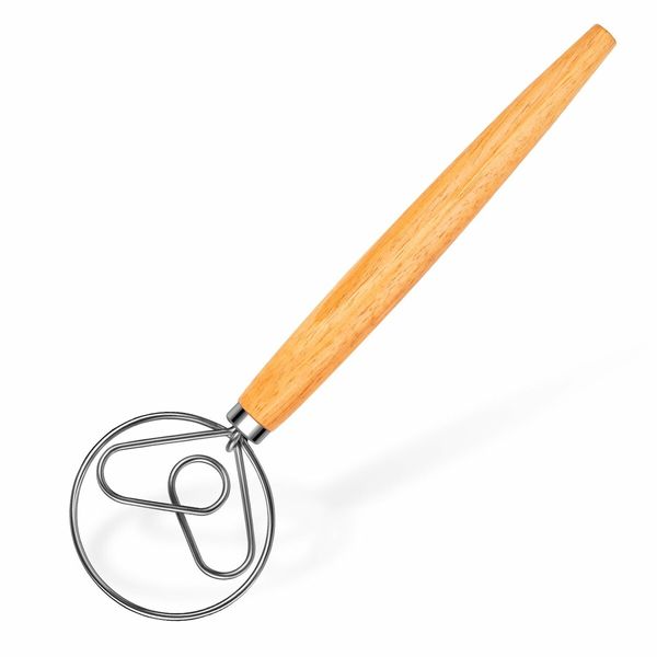 Danish Dough Whisk Stainless Steel Dutch Hook Mixer Wooden Handle for Sourdough Bread Making Tools and Supplies,Whisking Tool 13 Inch