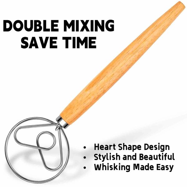 Danish Dough Whisk Stainless Steel Dutch Hook Mixer Wooden Handle for Sourdough Bread Making Tools and Supplies,Whisking Tool 13 Inch