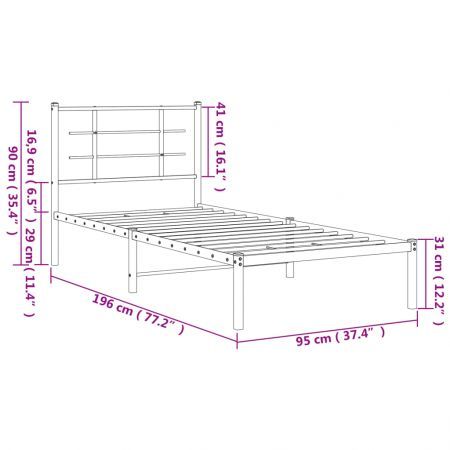 Metal Bed Frame with Headboard Black 90x190 cm