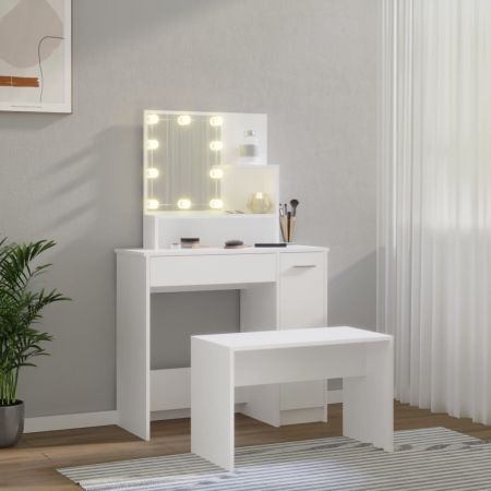 Dressing Table Set with LED White Engineered Wood