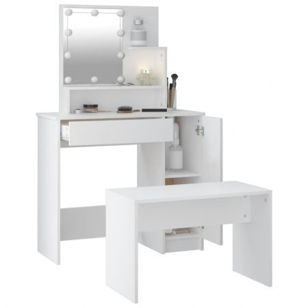 Dressing Table Set with LED White Engineered Wood