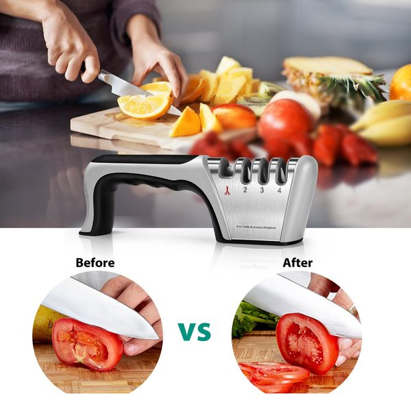 4-in-1 Knife Sharpener 4 Stage with a Pair of Cut-Resistant Glove,Original Premium Polish Blades,Best Kitchen Knife Sharpener Really Works for Ceramic and Steel Knives,Scissors