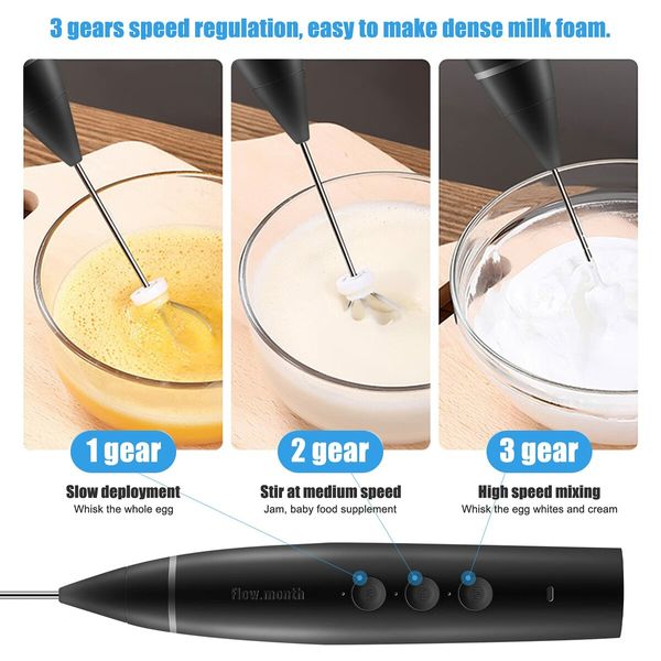 Milk Frother Handheld Rechargeable Foam Maker for Lattes,Electric 3 Whisks Drink Mixer for Bulletproof Coffee(Black)